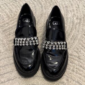 Gianni Bini Black Patent Leather Loafers with Rhinestone Detail Size 9